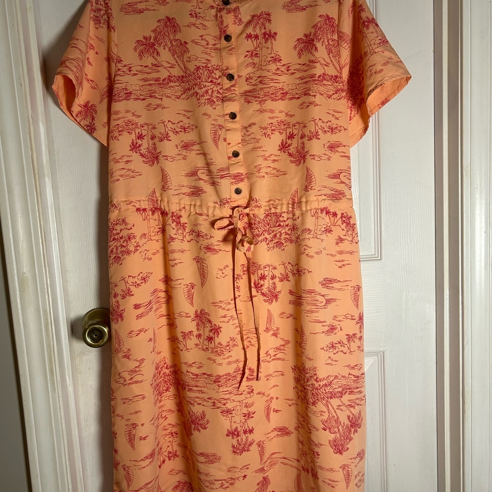 Lands End Women’s Large Tropical Theme Dress  Button Drawstring Modest Pink - Picture 3 of 11